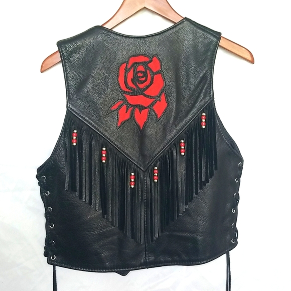 TRD Vintage Leather Vest With Roses and Beaded Fringe, Women Size Large. - Picture 10 of 16